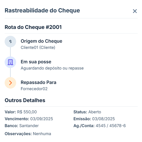 Tela de rastreabilidade de cheque